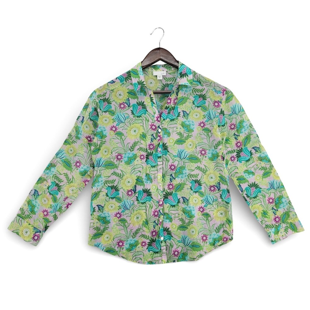 J Jill Womens XS Floral Button Front‎ Blouse Cotton Silk Green Purple